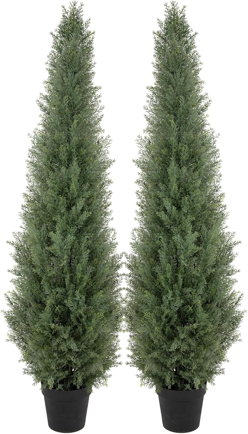 Bellacat 5ft UV Resistant Artificial Topiary Trees Outdoor, 60in Faux Cedar Tree with Full & Realistic Leaves, Fake Cypress Tree for Front Door Proch Patio Deck Balcony Yard Decor 2Pack