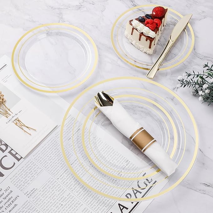BESTVIP 175PCS Clear Gold Plastic Dinnerware Set, Disposable Party Plates for 25 Guests, Include: 50 Plastic Plates, 25 Pre Rolled Napkins with Silverware, 25 Cups for Christmas, Halloween