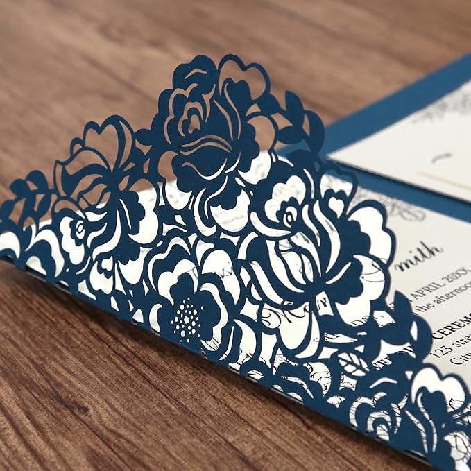 DORIS HOME 50pcs Laser Cut Wedding Invitation Pockets with Envelopes Blue, 5.12" x 7.12"Invitation Cards for Wedding, Anniversary (No Inserts Included)