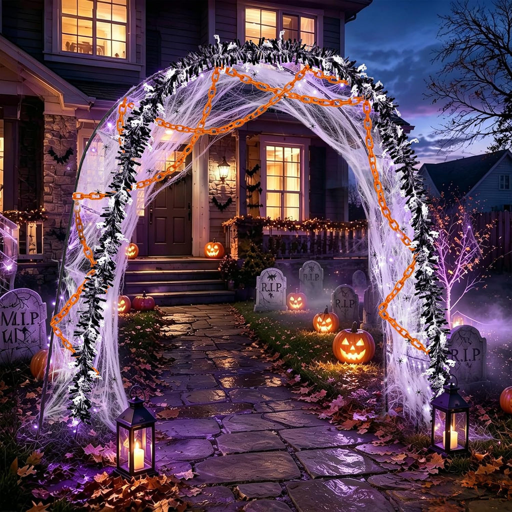 7Pcs Halloween Outdoor Arch Decor, 1 Arches 20 Spiders 3 Tinsel Garland
