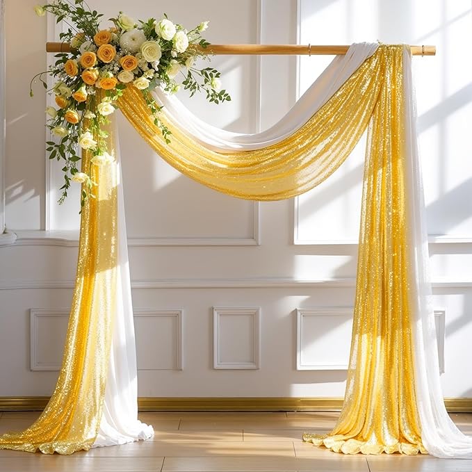 Wedding Arch Draping Fabric, 1 Panel 28" x19ft White Arch Drapes & 1 Panel 16" x19ft Gold Sequin Fabric Drapes Arbor Backdrop Curtain for Wedding Arch Ceremony Bridal Shower Reception