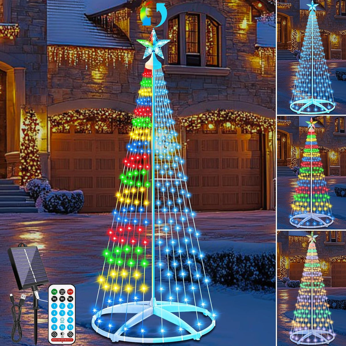 6ft Solar Powered Christmas Cone Tree Lights with Star Topper, Outdoor Christmas Tree with 11 Modes Timer Remote, Dimmable, Waterproof for Yard Holiday Christmas Decoration, Ice Blue & Multicolor