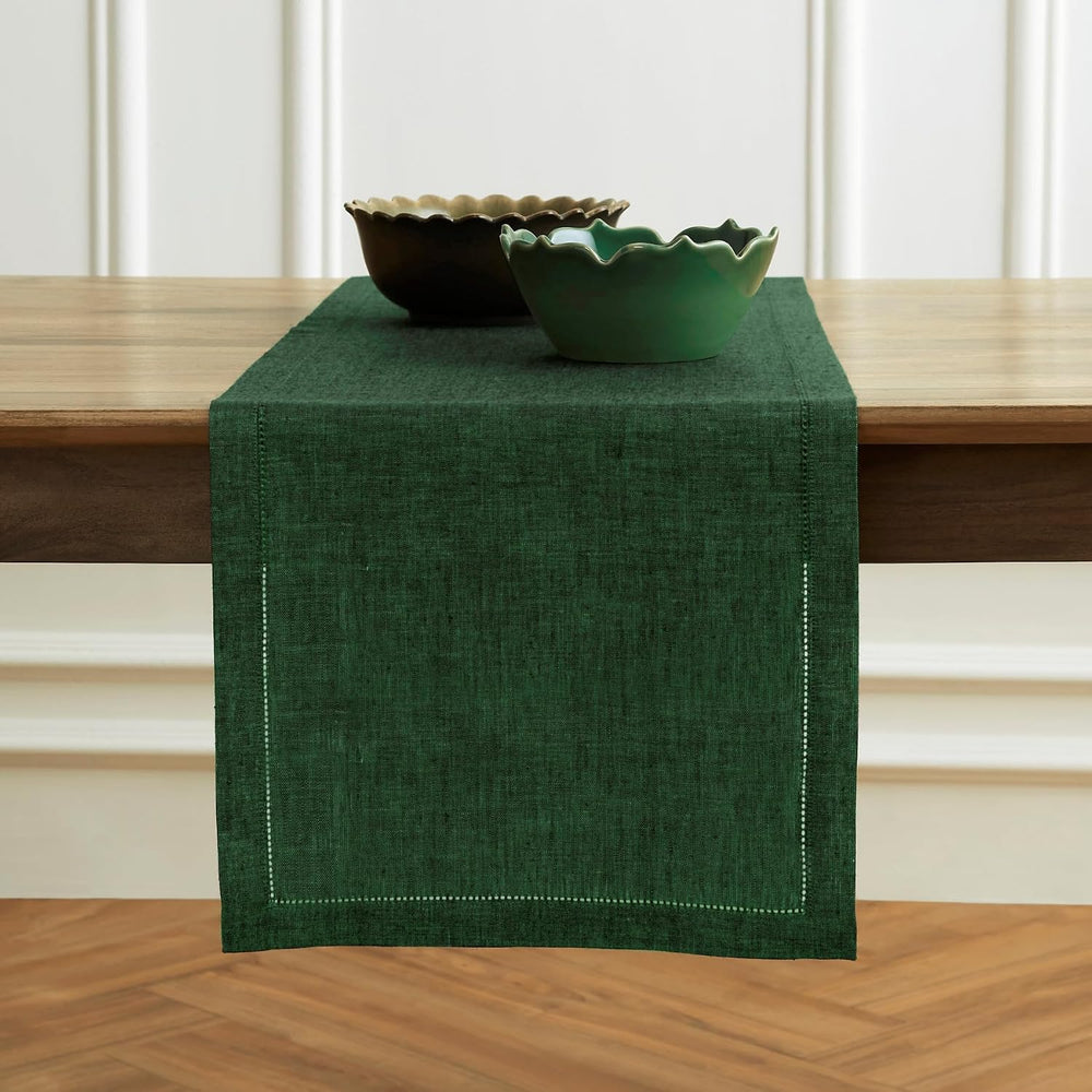 Solino Home 100% Pure Linen Dining Table Runner Green, Milan 14 x 108 in