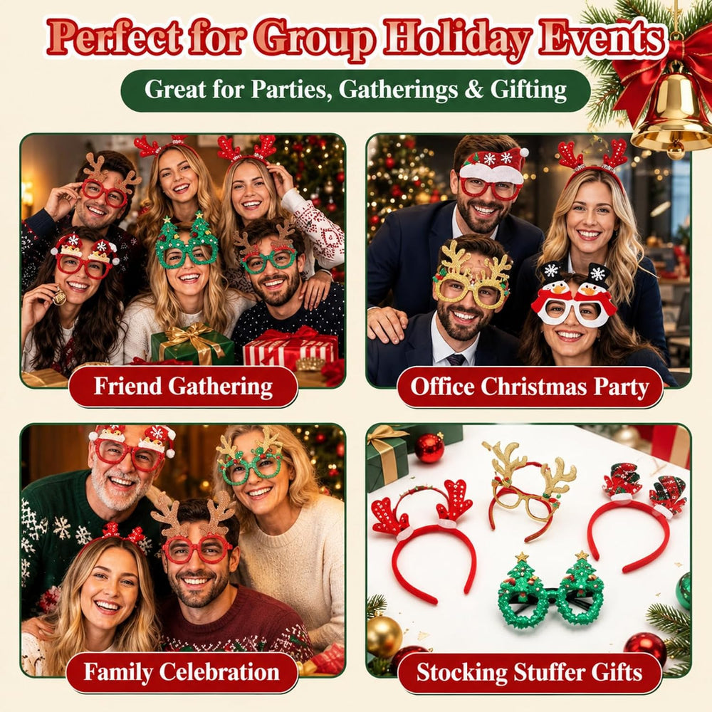 64 Pcs Christmas Glasses Frame and Headbands Set, Xmas Costume Accessories