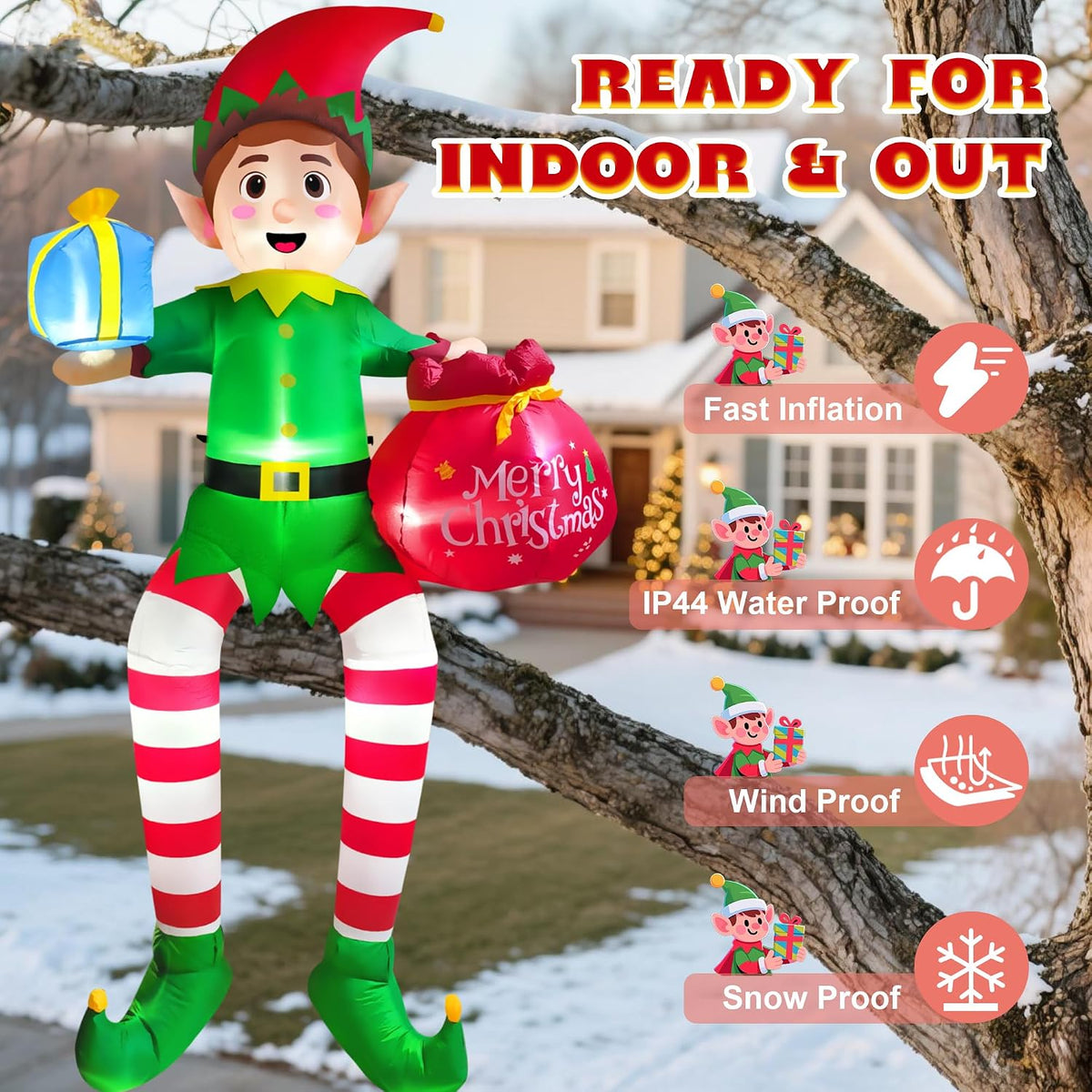 10FT Christmas Inflatable Outdoor Decoration, Sitting Elf Holding Gift Bag Christmas Blow up Yard Decorations with Built-in LEDs, Buddy the Elf Inflatable for Lawn Garden Roof Xmas Roof Decor