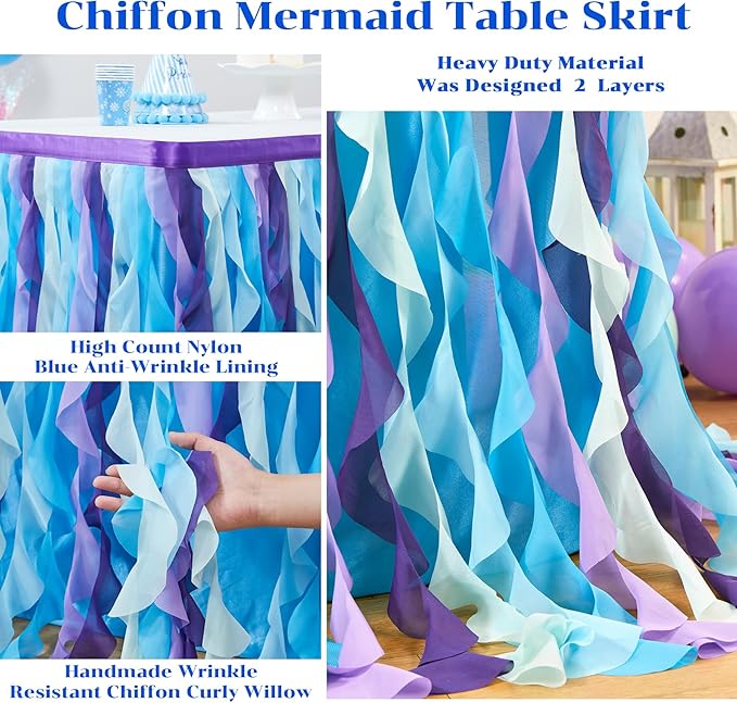 PARTISKY Mermaid Tulle Tutu Ruffle Curly Willow Table Skirt for Rectangle Table 9ft, Mermaid Themed Party Table Cloth for Girls Birthday Party or Baby Shower