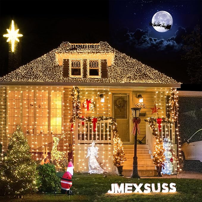 JMEXSUSS 900 LED Outdoor Christmas Curtain Lights, 9.5x29.5ft Christmas Lights Plug in with Remote, Twinkle Hanging String Light for Bedroom Wall Wedding Backdrop Window Gazebo Decor, Warm White