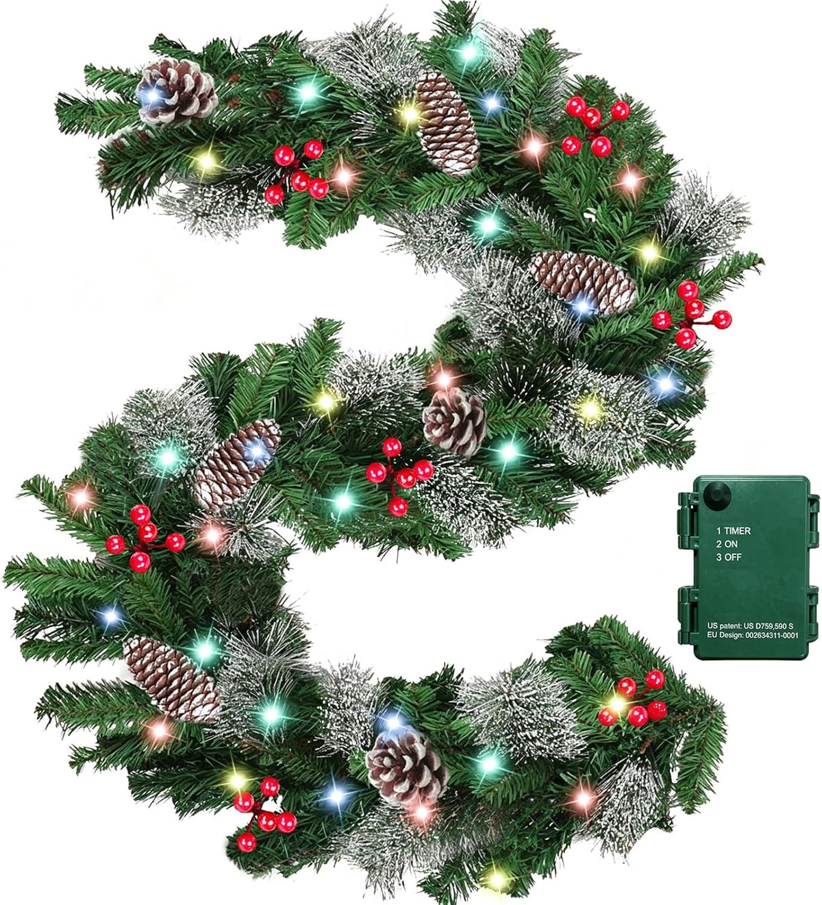 Timer - 9Ft by 10 Inch Prelit Christmas Garland with 50 Colorful Lights