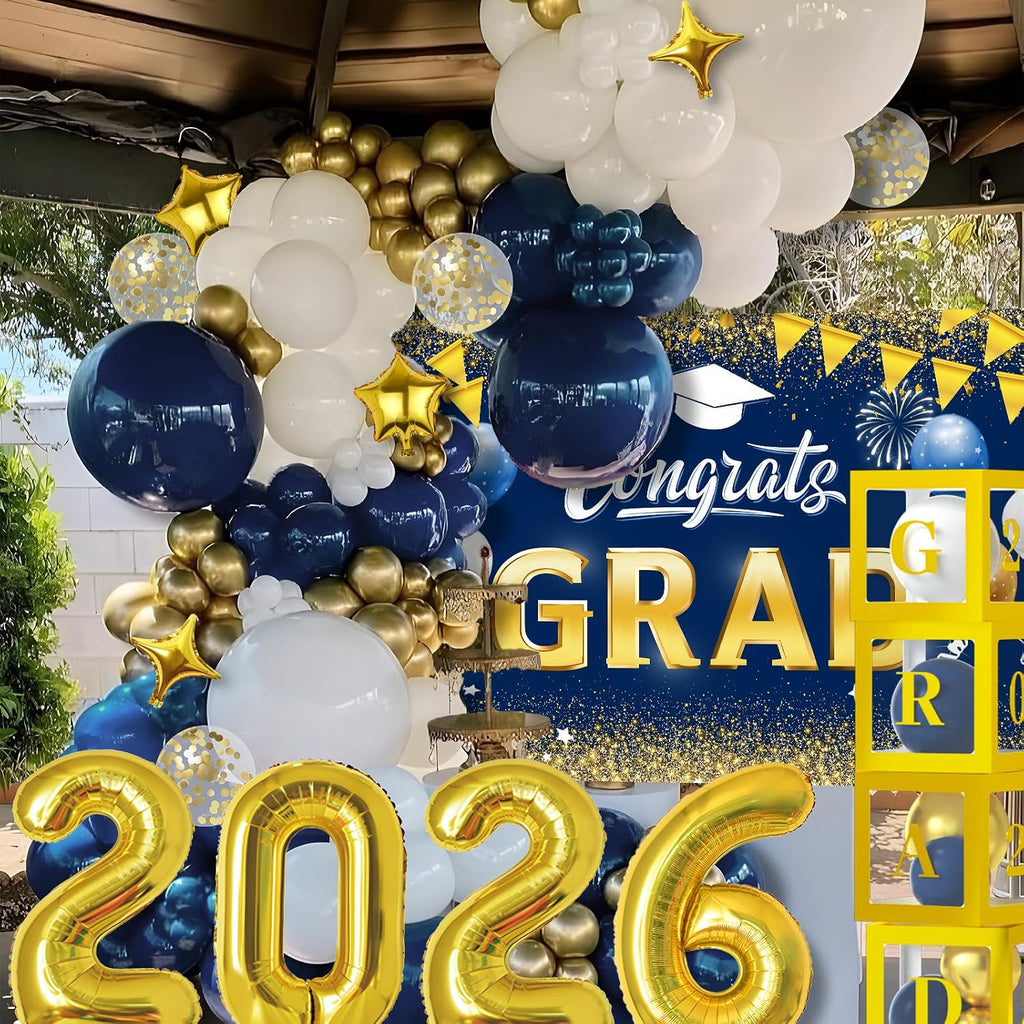Navy Blue and Gold Graduation Balloons Garland Arch Kit with Backdrop GRAD Balloon Box and Number 2026 Balloons for Graduation Decorations Class of 2026 Grad Party Supplies