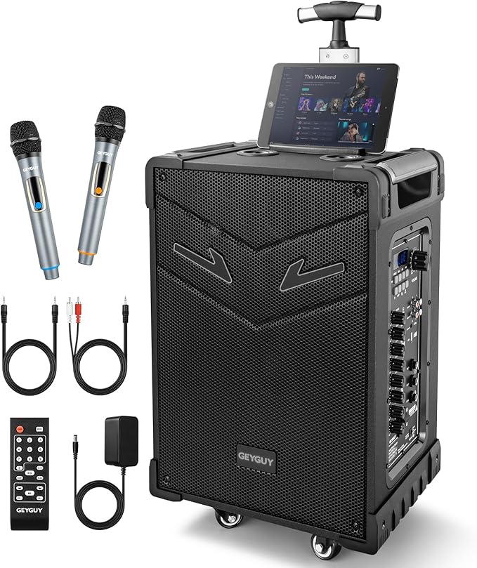 GTSK10-3 3-Way Portable Bluetooth PA Speaker with Wireless Microphones, 10" Subwoofer, Party Speaker with DJ Lights, USB/FM/TWS/Guitar Input, Rechargeable for Outdoor Events