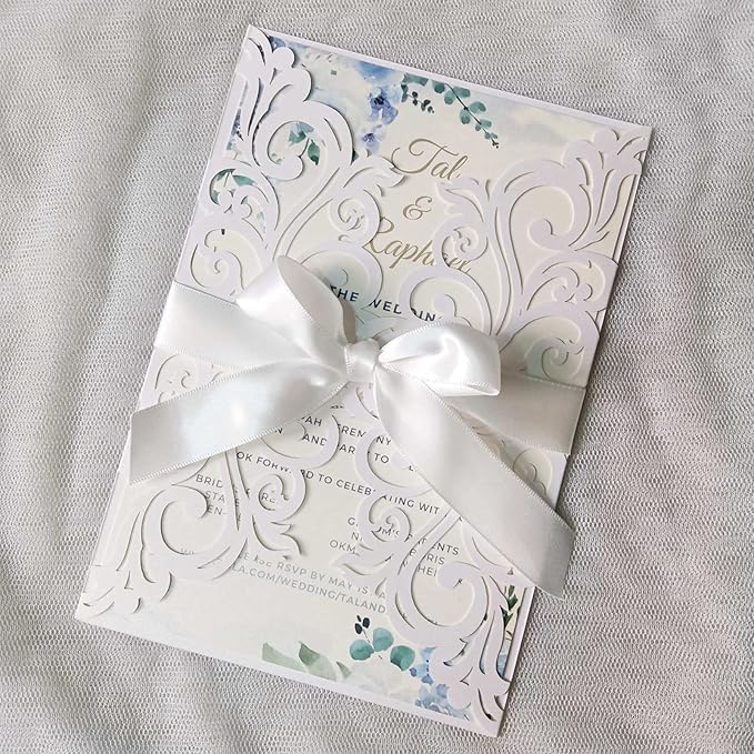 25PCS Pearl White Laser Cut Wedding Invitations Cards with Envelopes,Blank Inner Sheets,Ribbons for Wedding Bridal Shower Quinceañera Engagement Birthday Invites (B001)