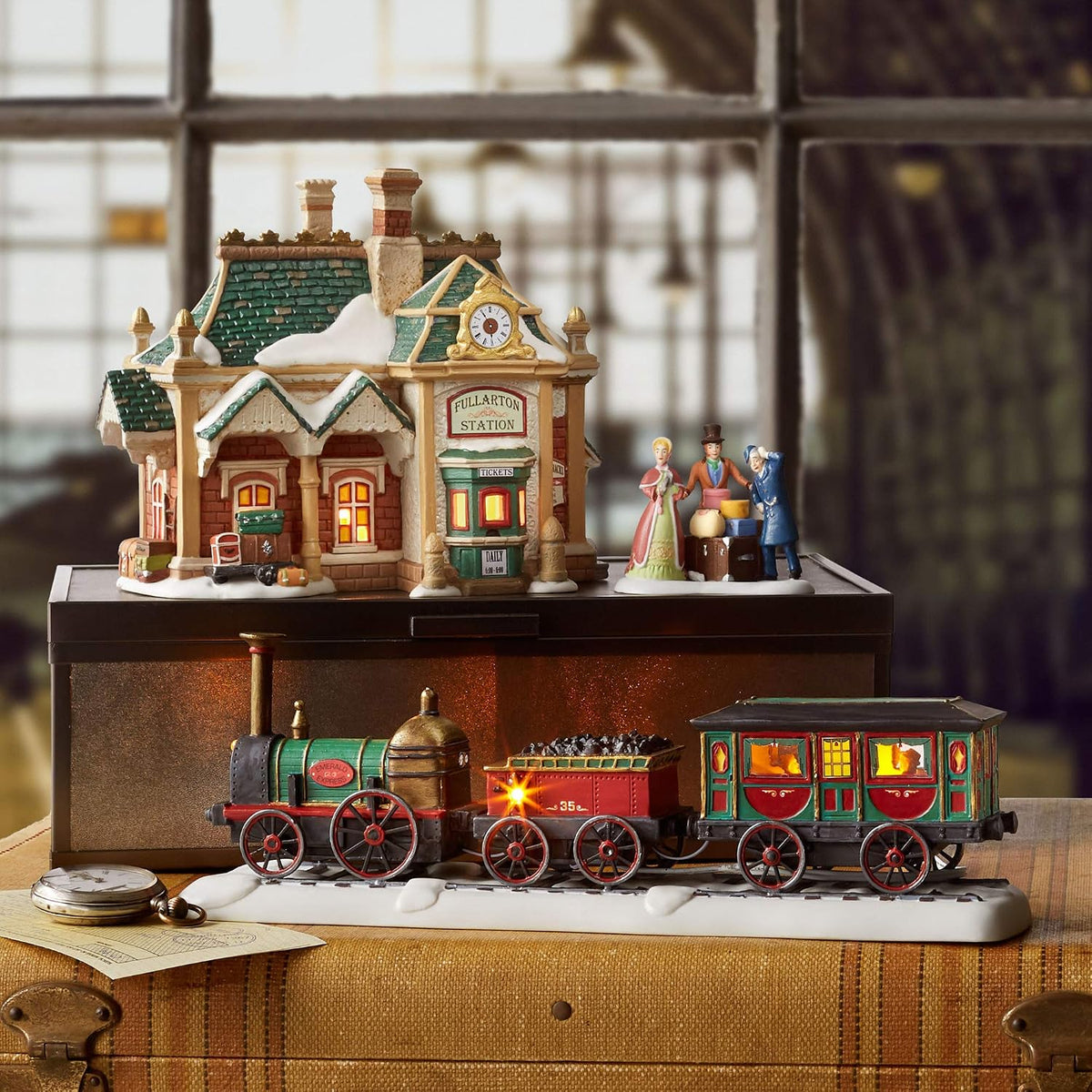 department 56 dickens village fullarton station building figurine, close-up detail