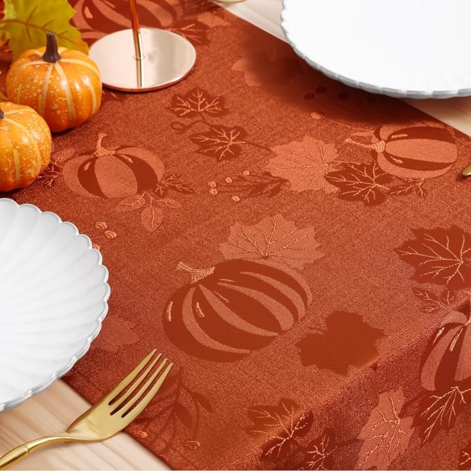 Smiry Thanksgiving Table Runner, 13x72 Inch Waterproof Fabric Damask Table Runner for Harvest Parties and Holidays, Terracotta