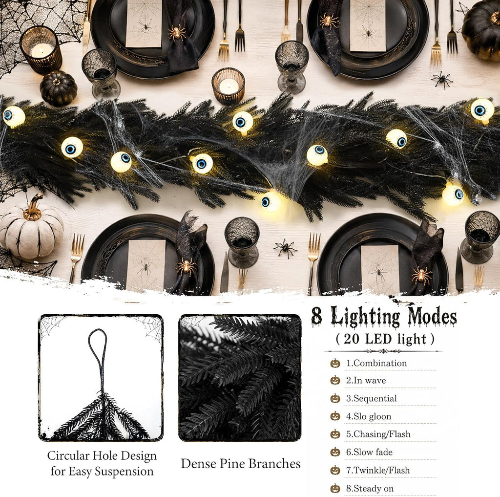 9FT Black Halloween Garland with Eyeball String Light Spider Cotton Spiders
