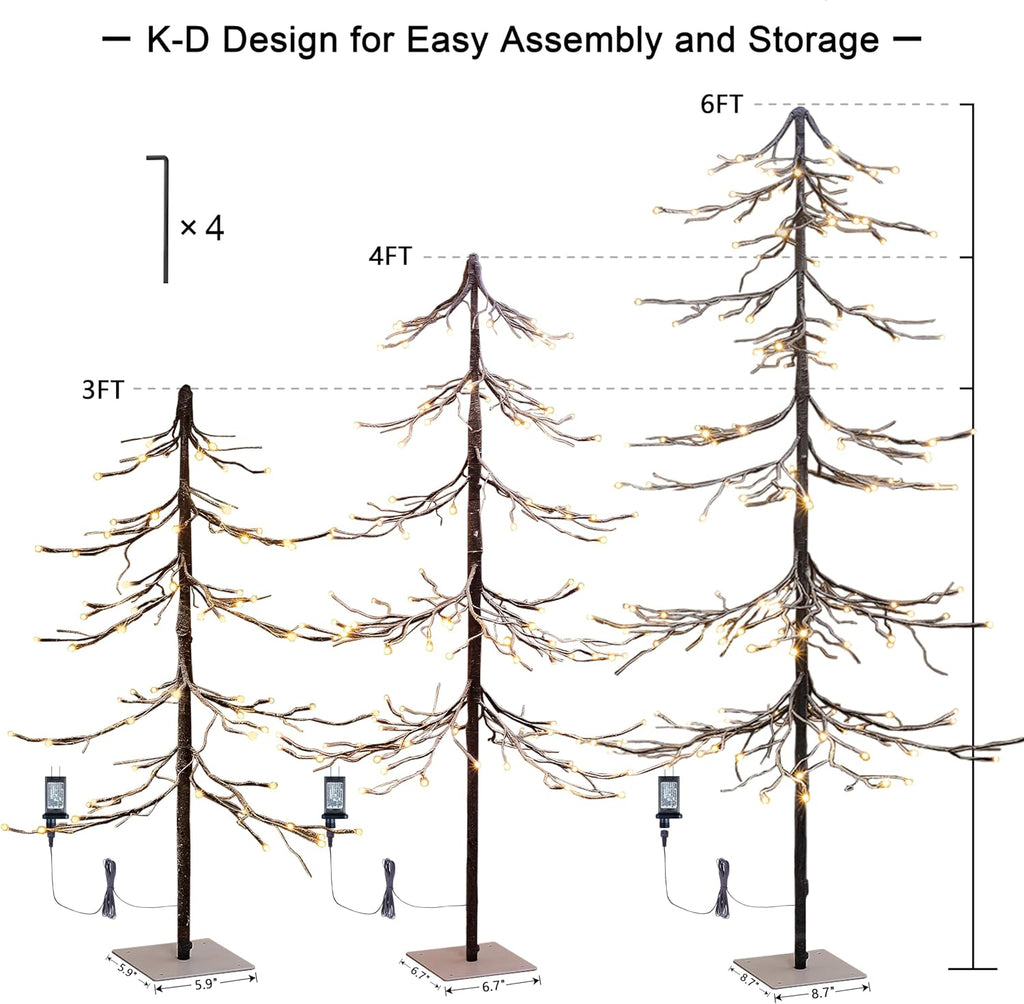 set of 3 lighted snow tree 3ft 4ft showing dimensions