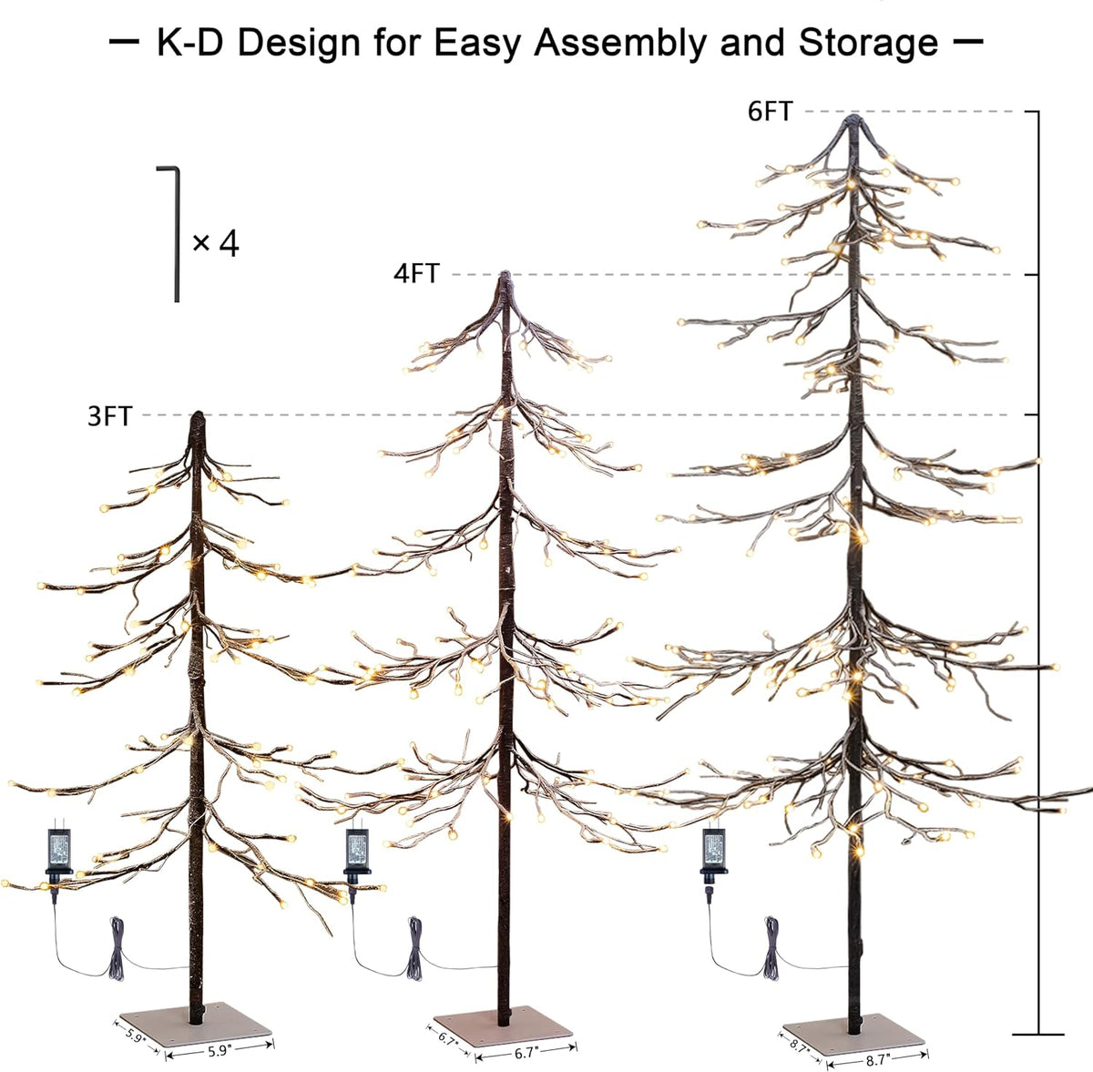 set of 3 lighted snow tree 3ft 4ft showing dimensions