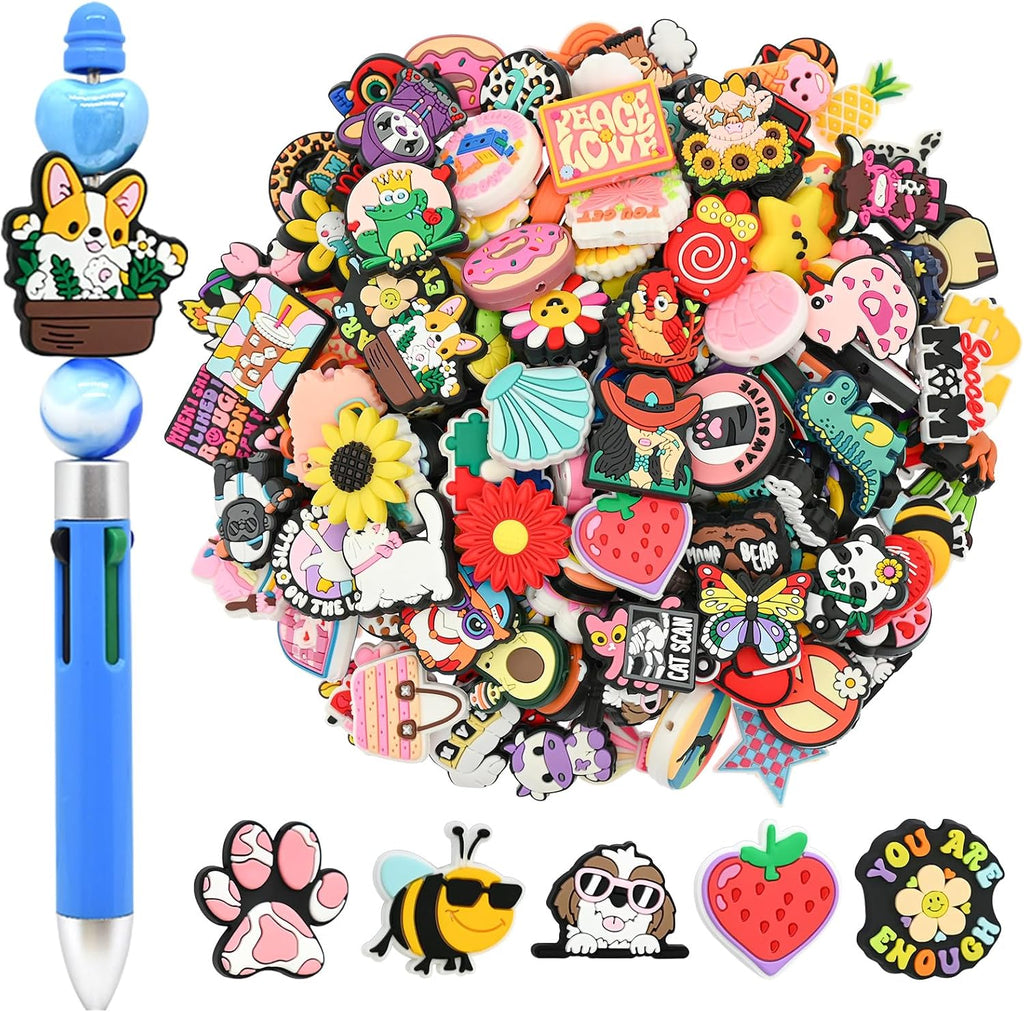 100Pcs Random Different Silicone Focal Bead for Pens Funny Keychain Making Bulk Pen Charms Bracele Jewelry Making Non-Repeat Pattern Cute Focal Beads for Pens Key Chain Lanyard Making DIY Your Gifts