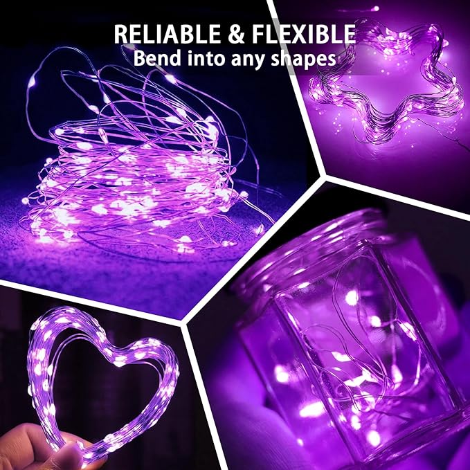 50 Pack Purple Fairy Lights 7Ft 20 LED Twinkle String Lights 3 Modes Battery Operated Waterproof Firefly Starry for Mason Jar Party Wedding Christmas Valentines Day Table Centerpieces