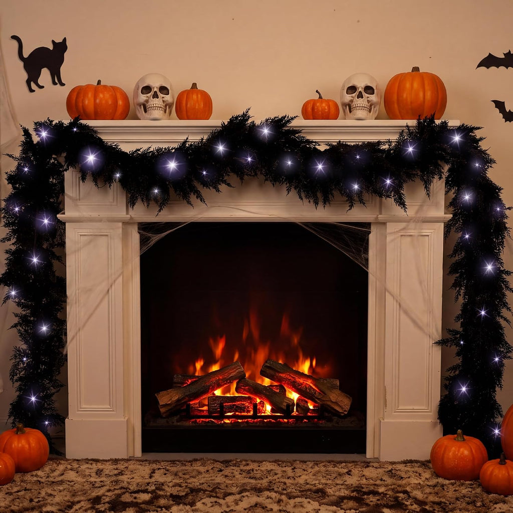 Fovths 12 Ft Pre‑Lit Black Halloween Garland, Artificial Cedar Vine Decor