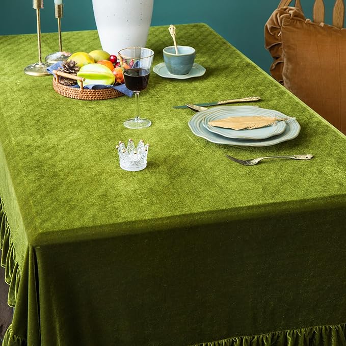 Velvet Tablecloth Luxurious Solid Rectangle Table Cloth,Oblong Retro Farmhouse Ruffle Tablecloths Washable Table Cover for Party Wedding Baby Shower Kitchen Dinning Tabletop Decoration