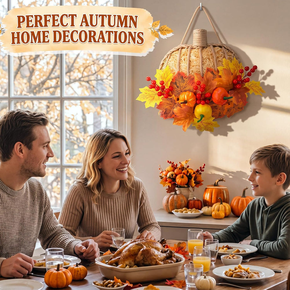 13 Inch Fall Pumpkin Wreath for Front Door, Artificial Pumpkin Maple Leaves