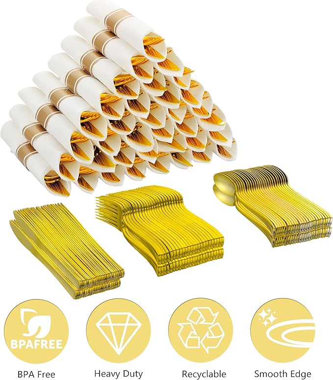 100 Pack Pre Rolled Gold Plastic Silverware Set with Napkins,Disposable Wrapped Heavy Duty Cutlery Set for Wedding Birthday Party-100 Forks,Knives,Spoons,Utensils Set,Plasticware Bulk