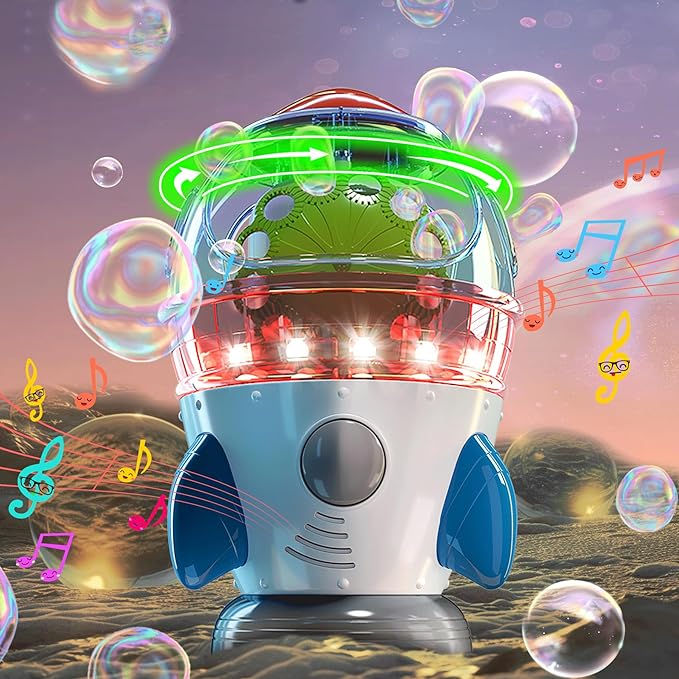 Rocket-Shaped Bubble Machine for Kids & Pets - Dual Powerful Bubble Outlets, Automatic 360° Rotation, Adjustable LED Lights & Music – Ideal for Indoor/Outdoor Birthday Parties