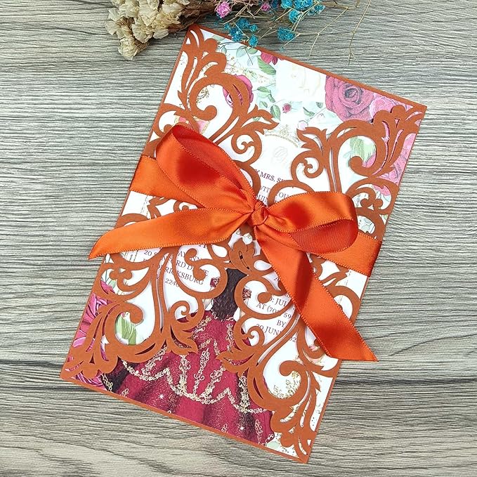 25PCS Terracotta Laser Cut Wedding Invitations Cards with Envelopes,Blank Inner Sheets,Ribbons for Wedding Bridal Shower Quinceañera Engagement Birthday Invites