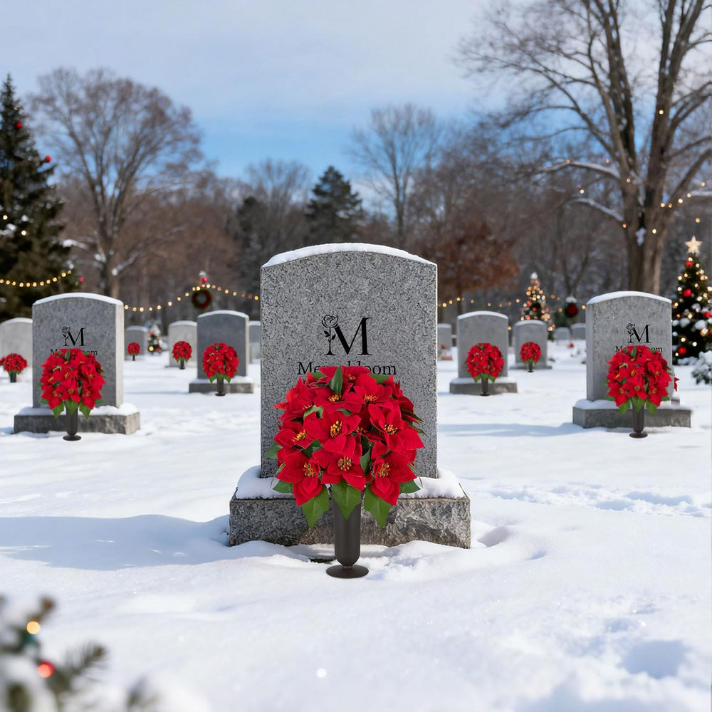 Christmas Cemetery Flowers for Grave: Poinsettia, 2 Pcs with Vase