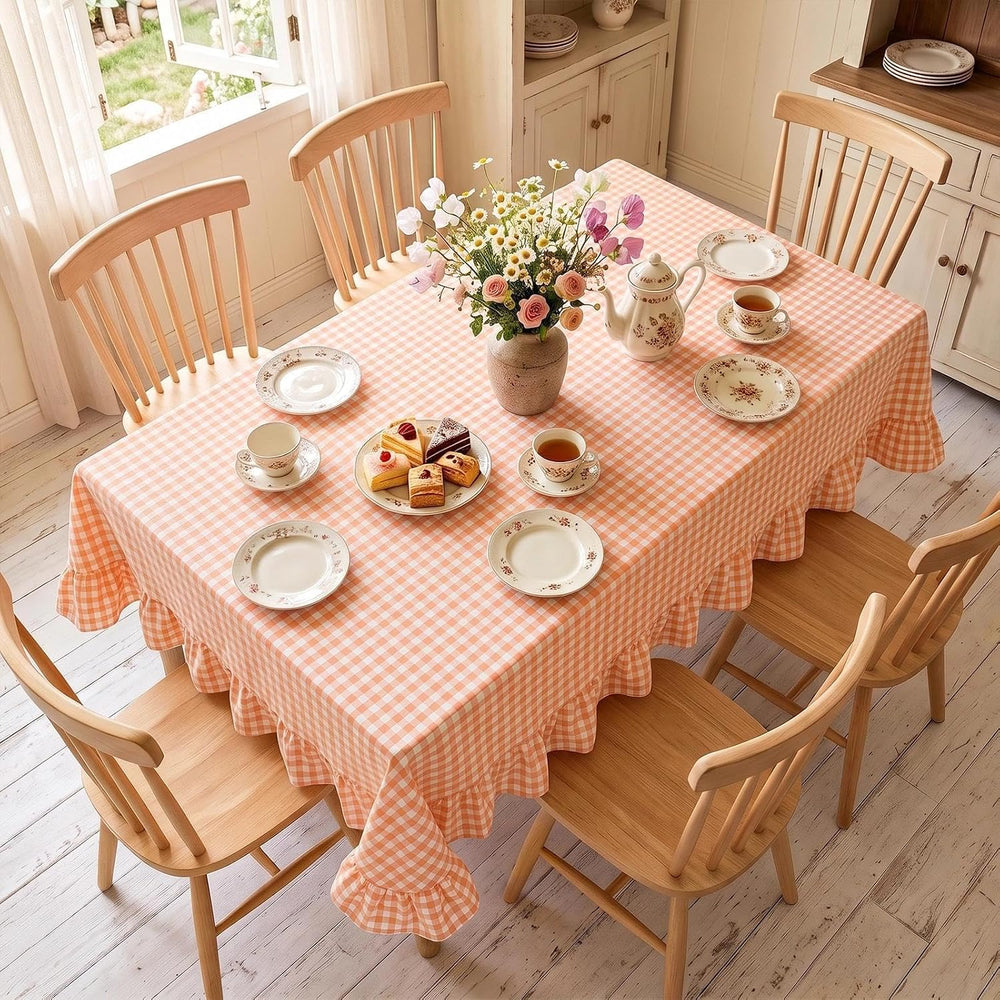 Eternal Beauty Gingham Ruffled Tablecloth Orange White 60x102 Thanksgiving