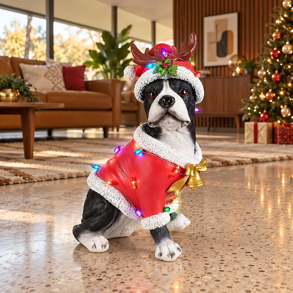 Lighted Christmas Bulldog Statue with Antler Hat