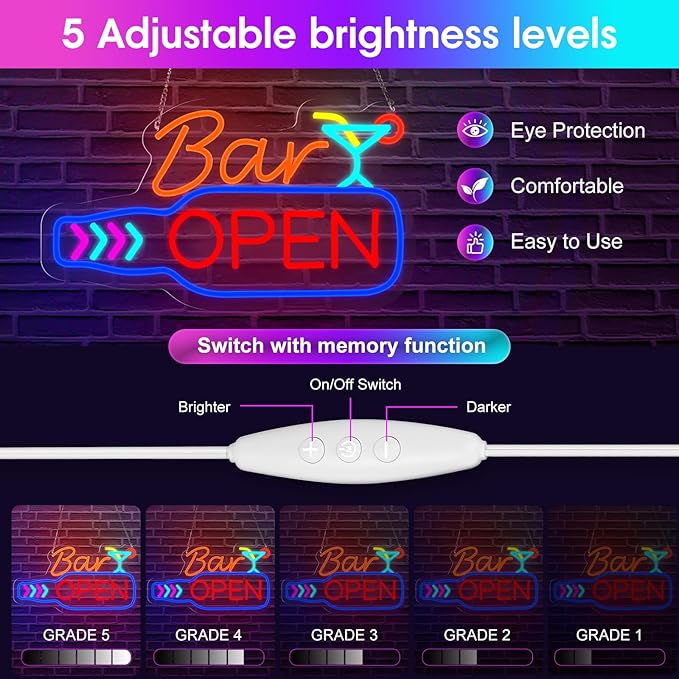 Bar Open Neon Sign, Super Bright 16''x 9'' Dimmable USB Powered LED Open Signs for Business Wall Decor Bar Pub Party, LED Light up Beer Signs