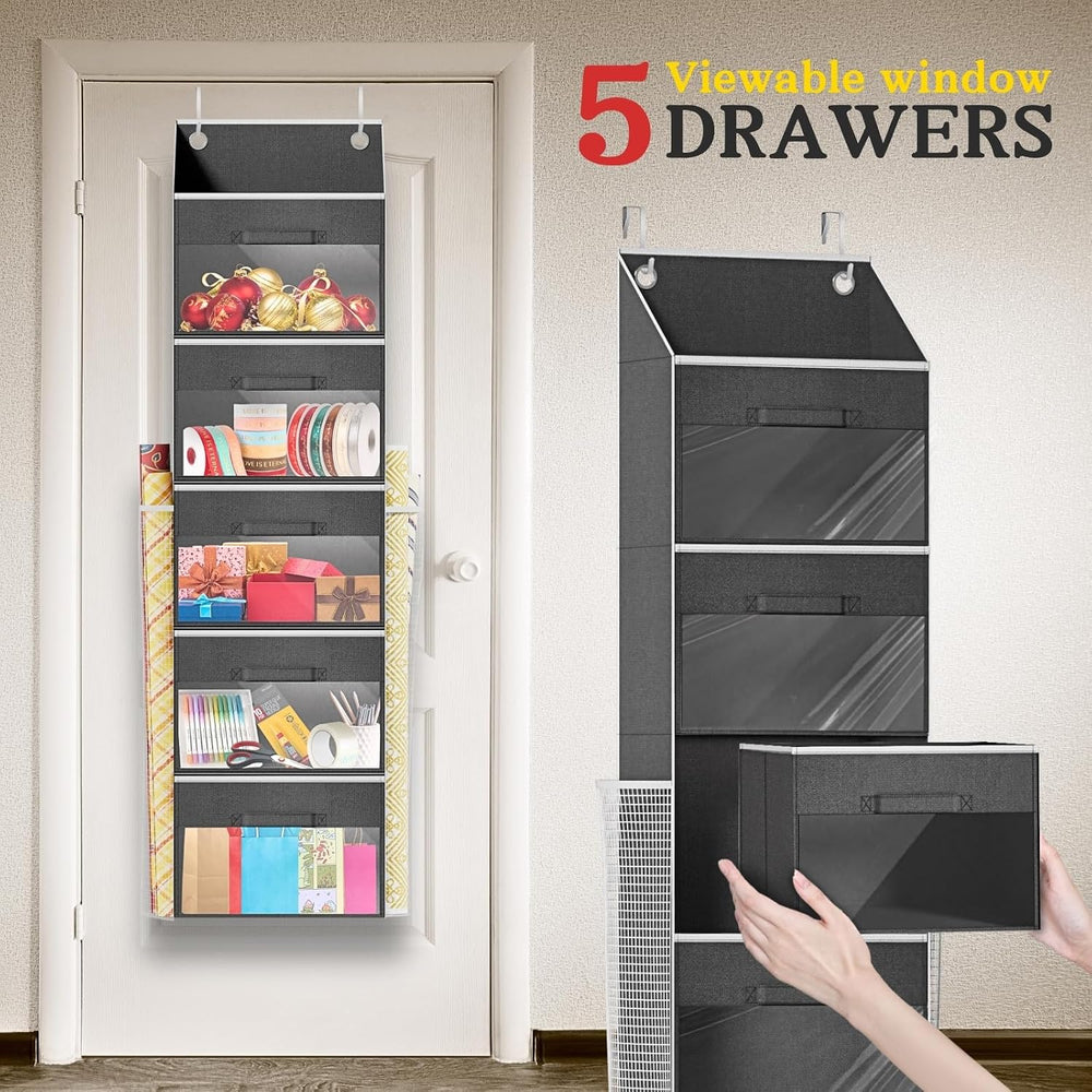 Over Door Wrapping Paper Organizer Storage with 5 Removable Drawers & 2 L...