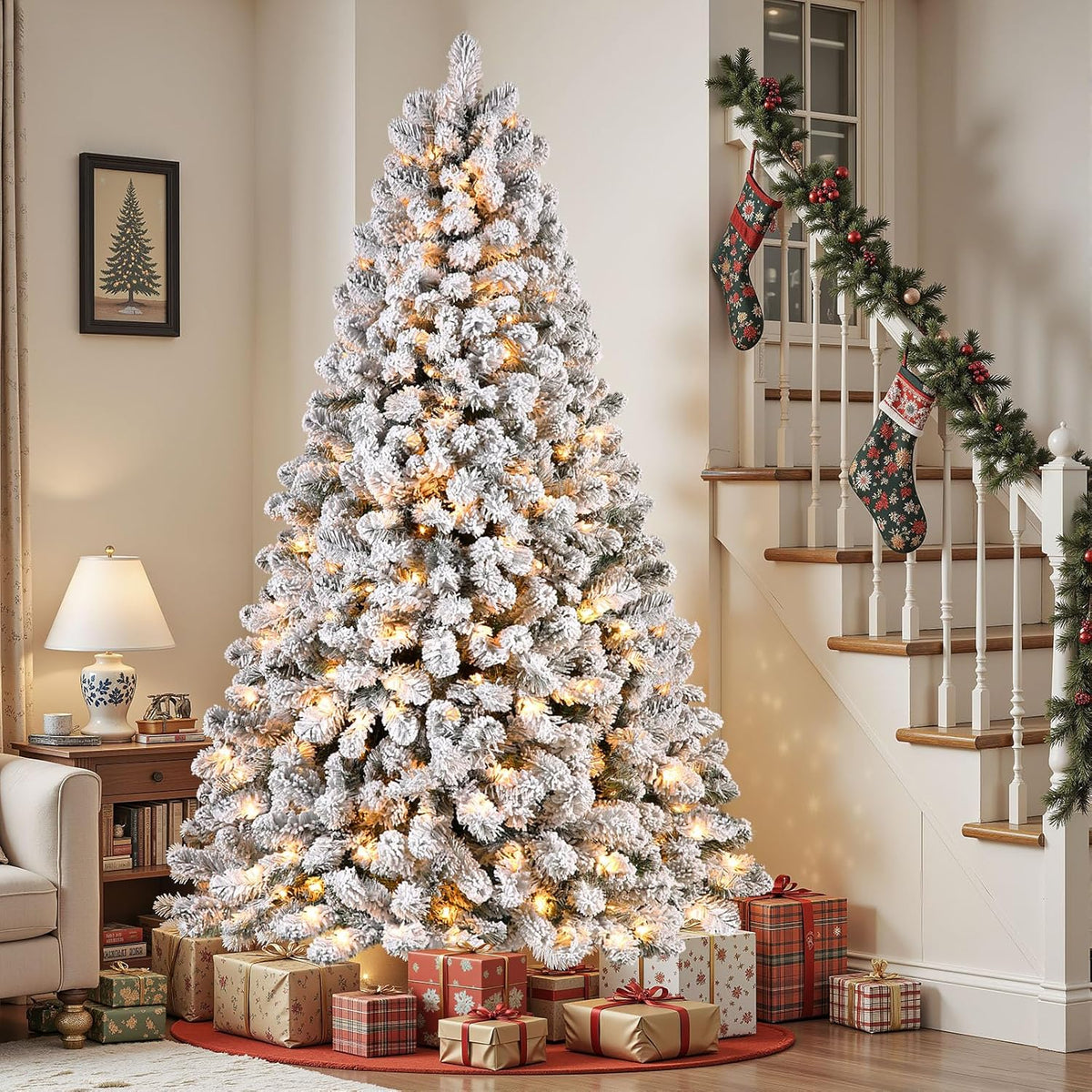 SHareconn 7.5ft Snow Flocked Spruce Pre-lit Artificial Christmas Tree,White