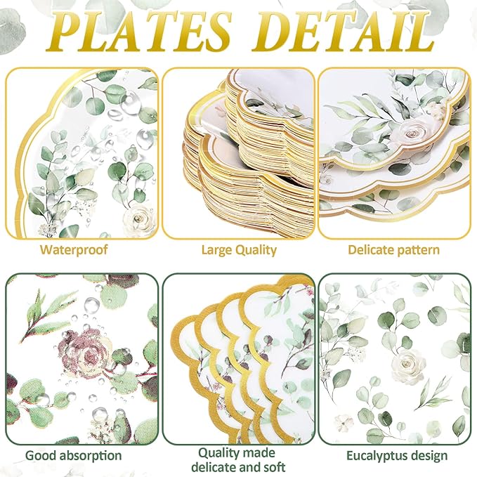 452 Pcs Sage Green Baby Shower Party Decorations for 50, Eucalyptus Leaves Paper Plates Napkins Cups Tablecloth Cutlery Straws for Bridal Baby Shower Birthday Woodland Party Supplies