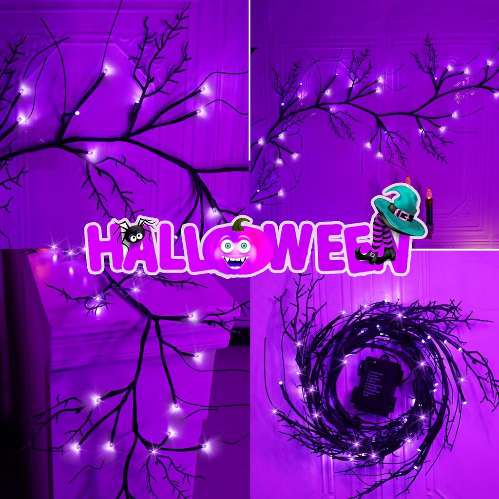 Couah [8 Modes & Timer] 9 Ft 72 LED Halloween Willow Vine Twig Garland with Purple Lights Battery Operated Indoor/Outdoor Wall Fireplace Mantle Halloween Decorations
