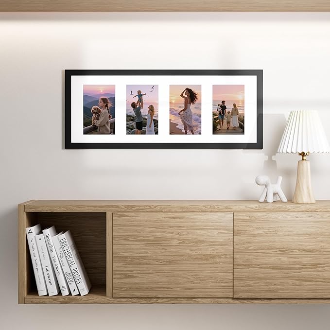 Vittanly 8x20 Collage Picture Frame, Displays 4Pcs 4x6 Pictures with Mat, Picture Frames Collage Wall Decor for Horizontal or Vertical Display, Black, 1 Pack