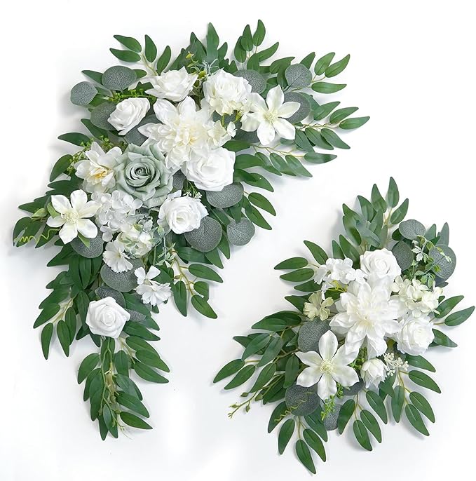 Faux Flower Swag Set of 2 for Wedding Welcome Signs Floral Swag Wedding Reception Ceremony Signs Decor (White & Green)