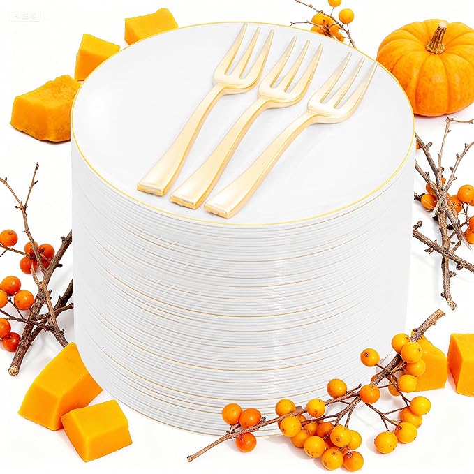 Festiva 200Pcs Gold Dessert Plates 6.3" with Forks 5"- Small Disposable Dessert/Cake/Appetizer Plates Plates- serve 100 guests include 100Plates 100Forks for Wedding Party&Thanksgiving&Christmas