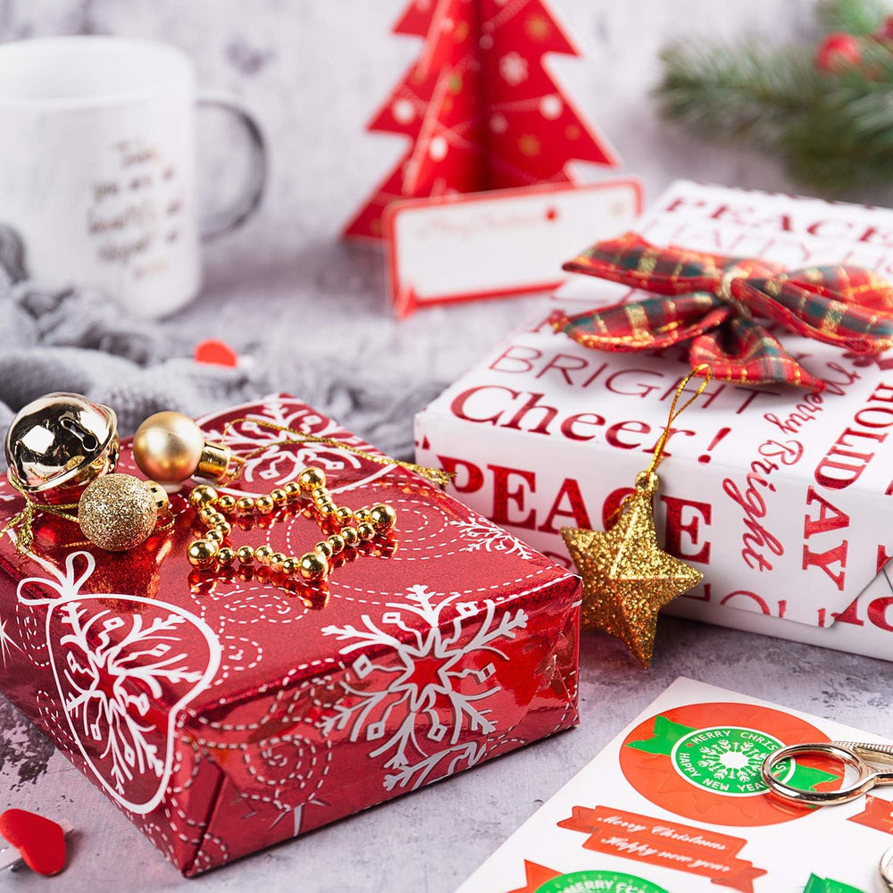 WRAPAHOLIC Christmas Wrapping Paper Set - Red and White Metallic Foil Shine C...