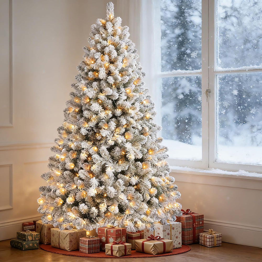 7ft Snow-Flocked Artificial Christmas Tree, LED pre-lit Holiday Xmas Tree for...