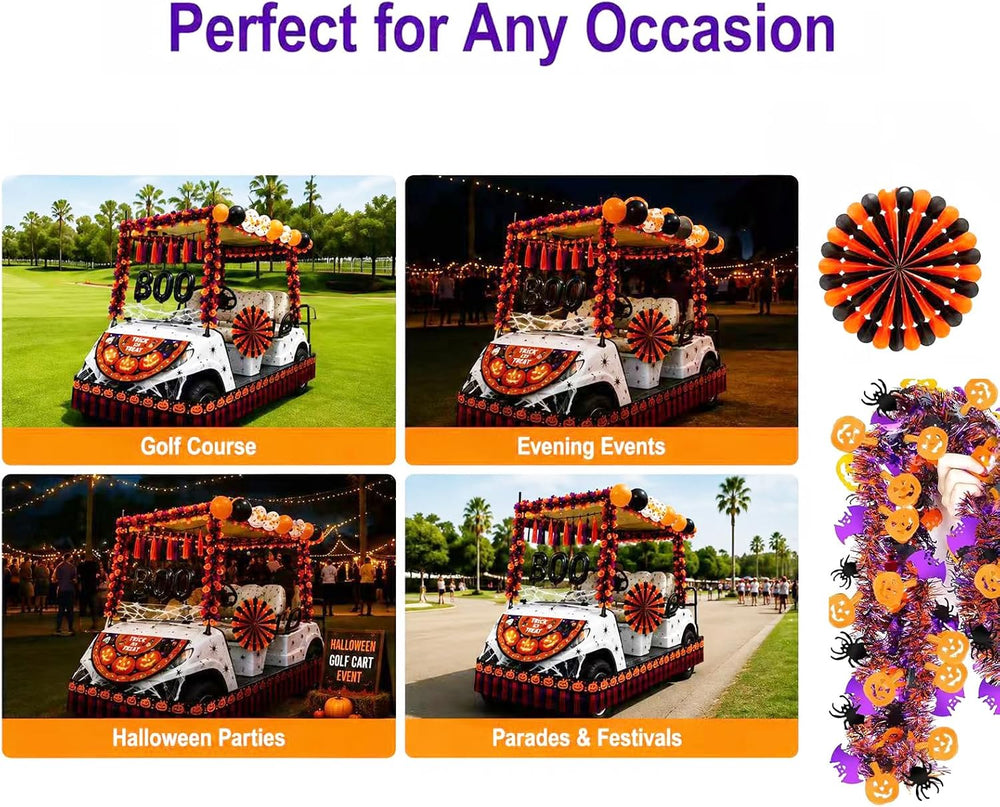 Halloween Golf Cart Decorations with Nightlight Strip Spider Web Bat Tassel