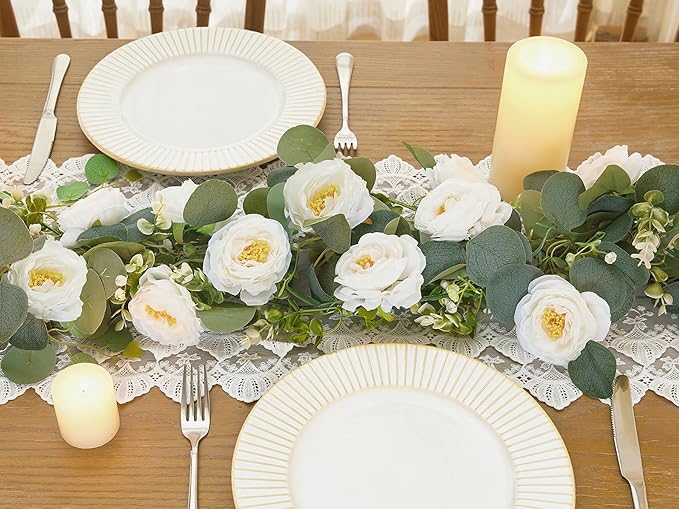 4 Pack Artificial Eucalyptus Flower Garland with White Roses, Fake Flowers Greenery Garland Flower Vines for Wedding Party Centerpiece Mantle Table Runner Spring Summer Home Decor (4PCS, White)
