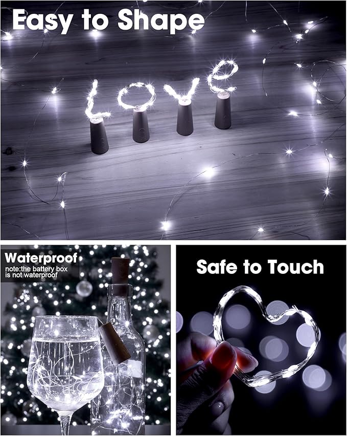 Hortsun 60 Pack Wine Bottle Lights with Cork Fairy Mini String Lights Battery Operated Mini Waterproof 7 ft Silver Wire 20 Led Cork Shape for Christmas, DIY, Party, Decor, Wedding, Bar(Cool White)