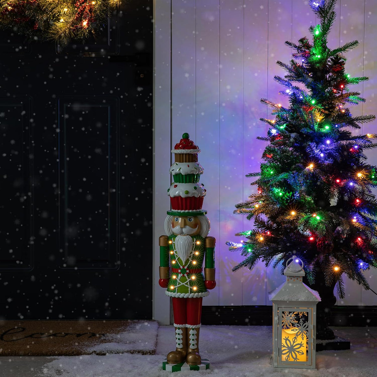 Glitzhome 28" H Lighted Christmas Nutcracker,Indoor/Outdoor Resin Porch Decor with 10 Warm Lights & Timer for Xmas Porch Lawn Yard Display