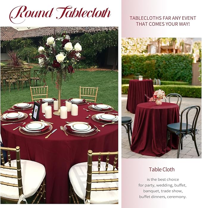 10 Pack Burgundy Round Tablecloths - 120 Inch, Polyester Table Cover for Round Table, Stain and Wrinkle Resistant Washable Fabric Tablecloth, Polyester Tablecloth for Wedding Banquet Parties