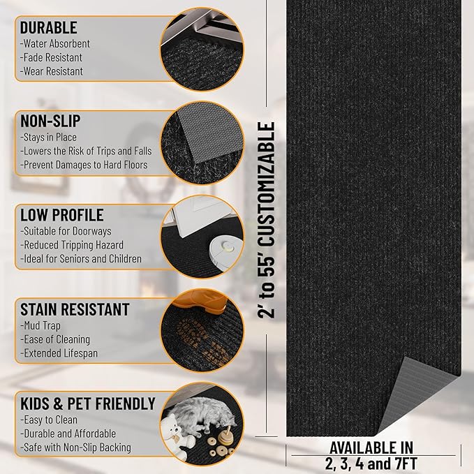 Ottomanson 2' x 25' Hallway Runner with Scraper Pile Extra Durable Non-Slip Rug Mat for Indoor & Outdoor Use - Ideal for Kitchen, Entryway, Patio & Garage - High-Traffic Carpet, Black