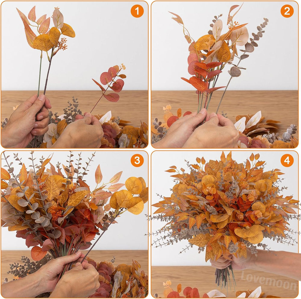 lovemoon 130 Pcs Fall Mixed Greenery Artificial Eucalyptus Stems, Orange