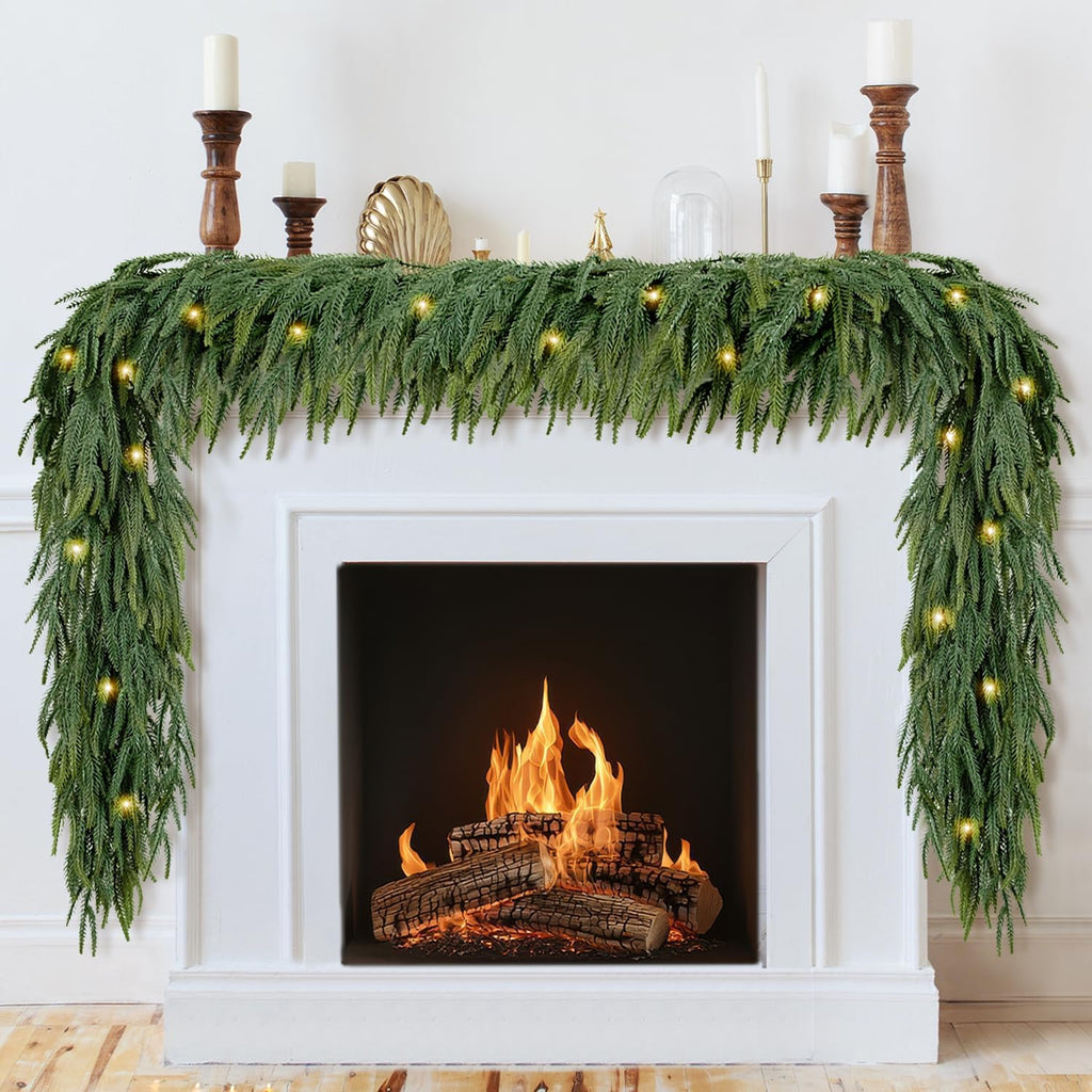 2PCS 9FT Christmas Garland Norfolk Pine Garland with Led Lights