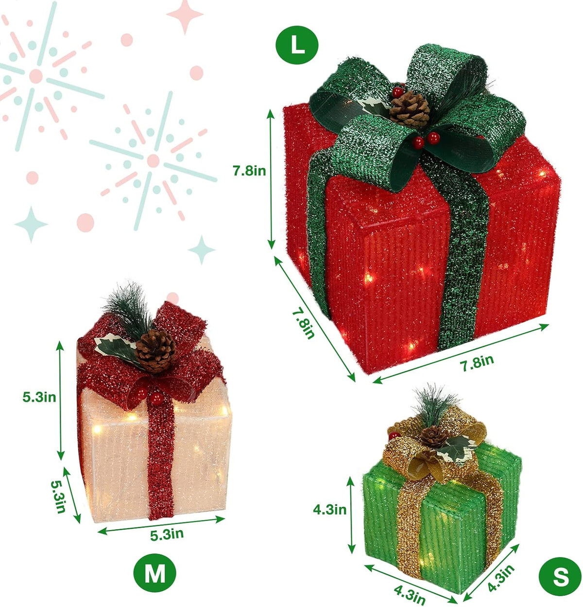 vingli christmas lighted gift boxes set of 3, close-up detail